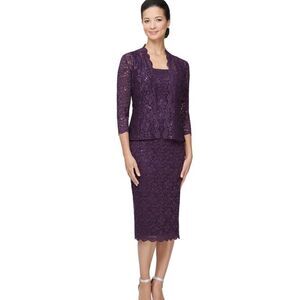 New ALEX EVENINGS Women's Size 12 Dress & Cardigan Set Sequin Lace Formal Purple